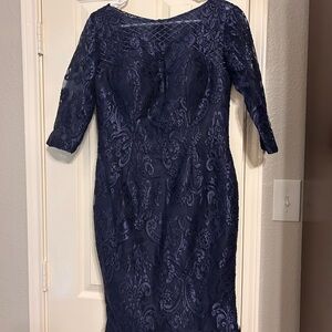Navy Embroidered Long Sleeve Sheath Dress